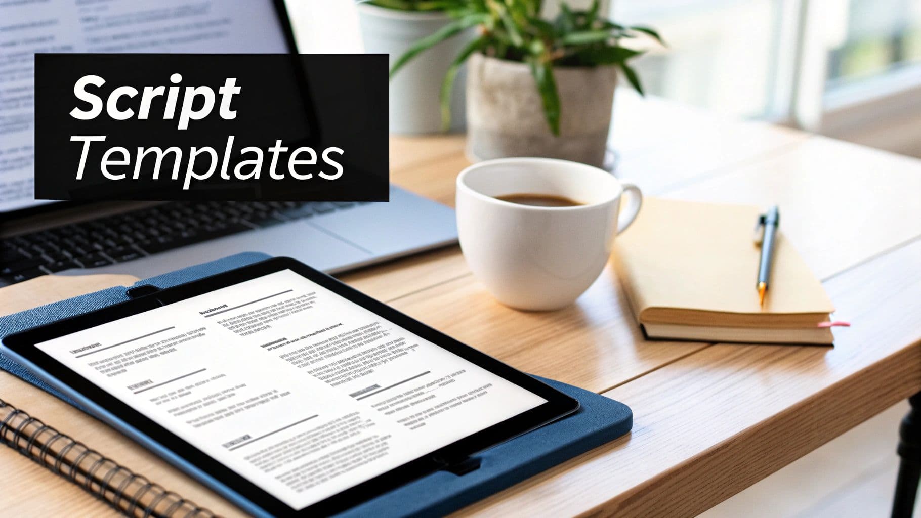 A bright workspace with a laptop, tablet displaying script templates, coffee, and a notebook.