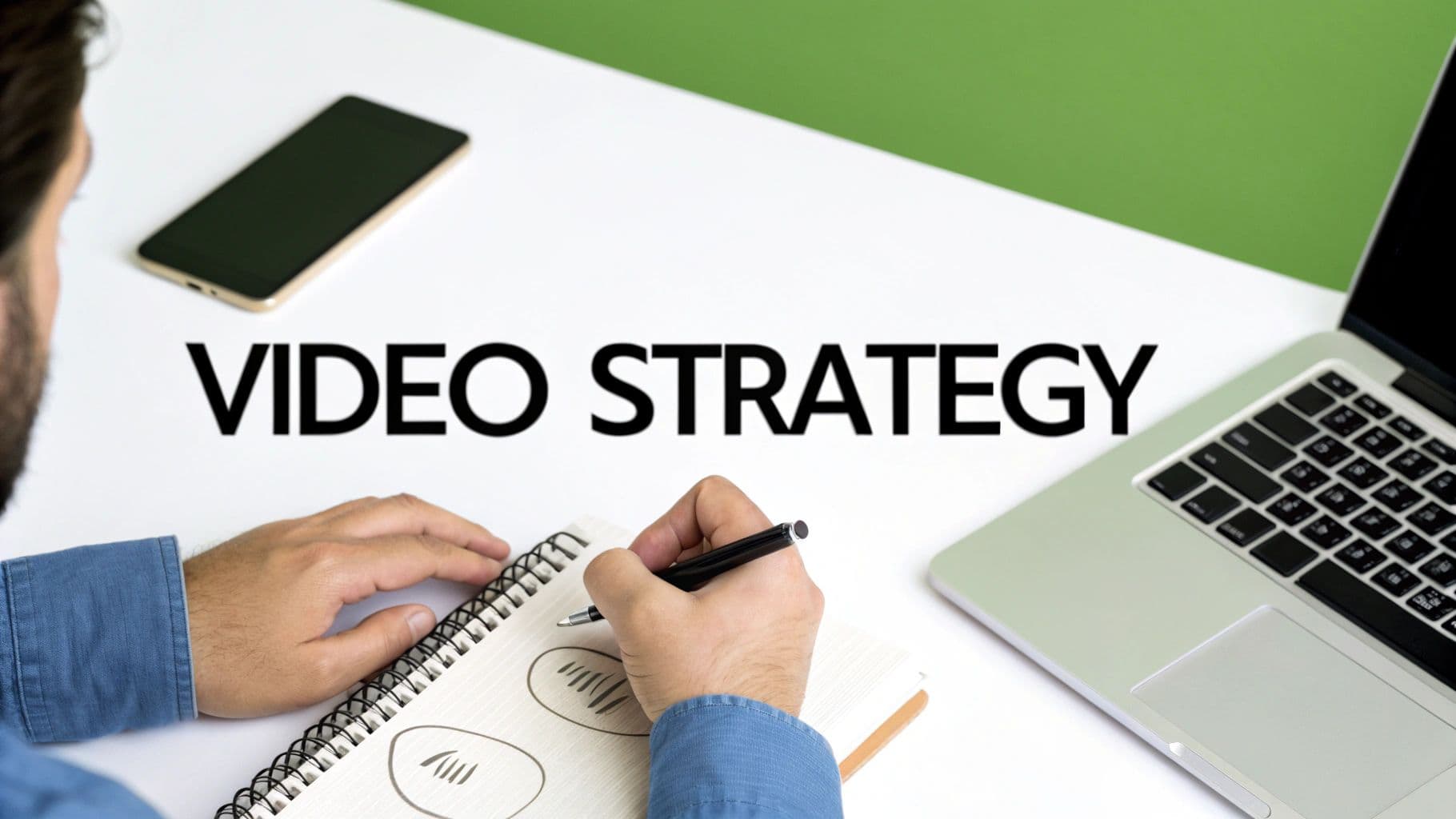 Person planning video strategy, writing in a notebook next to a laptop and smartphone.