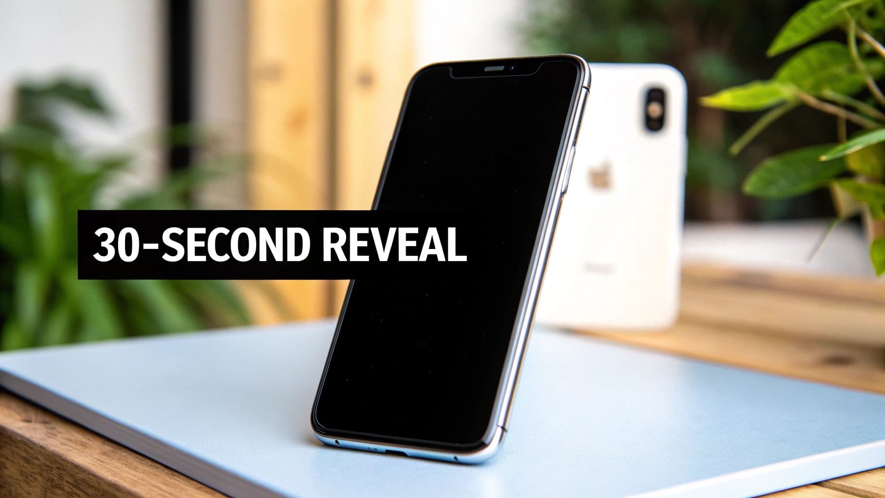A black-screened iPhone X stands on a light blue surface, with a blurred white iPhone and '30-SECOND REVEAL' text.