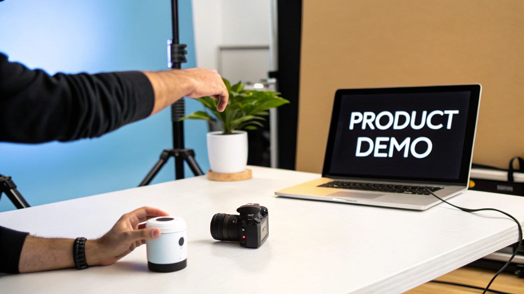 A person sets up a product demo with a camera, a device, and a laptop showing 'PRODUCT DEMO'.