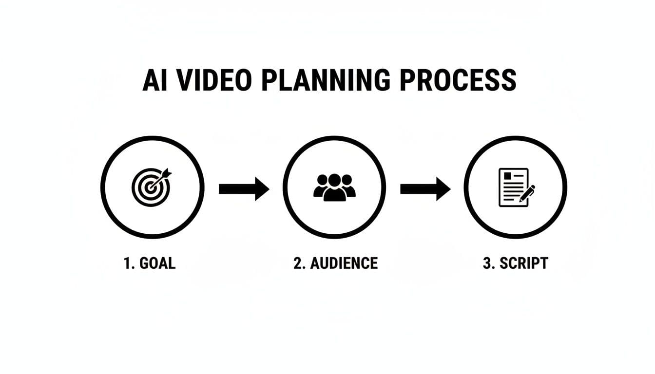 A step-by-step diagram for AI video planning, showing goal setting, audience identification, and script writing.