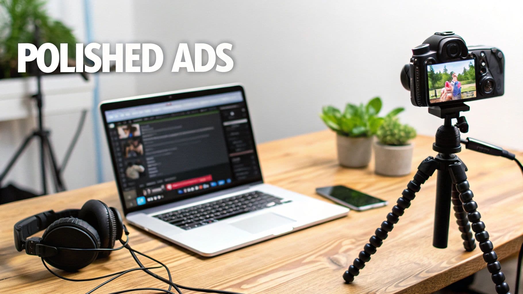 Desk setup for creating video ads, featuring a laptop, camera on tripod, headphones, and plants.