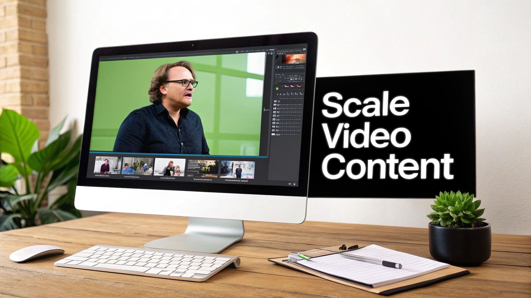 A desk with two monitors; one displays video editing software, the other reads 'Scale Video Content'.