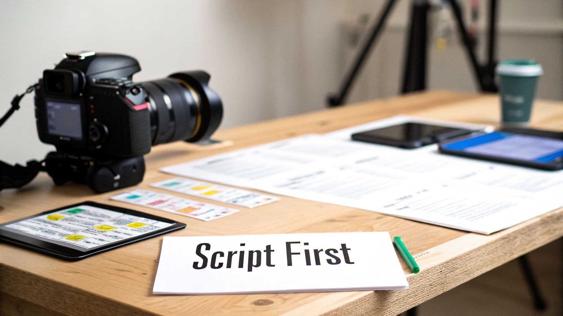 A wooden desk with a camera, tablet, documents, and a 'Script First' note, showing video pre-production.