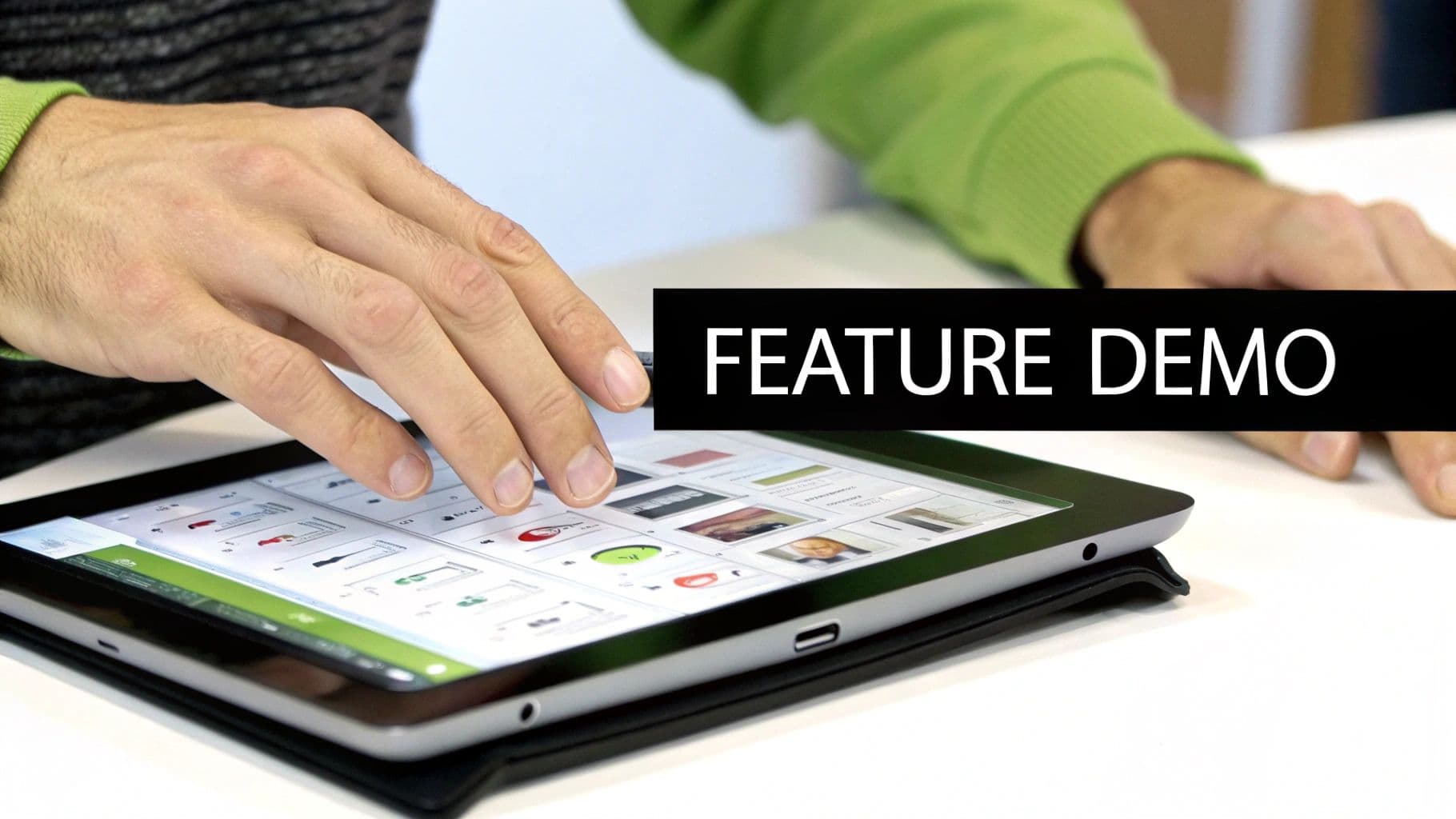 Close-up of hands interacting with a tablet displaying a grid of images, with 'FEATURE DEMO' text overlay.