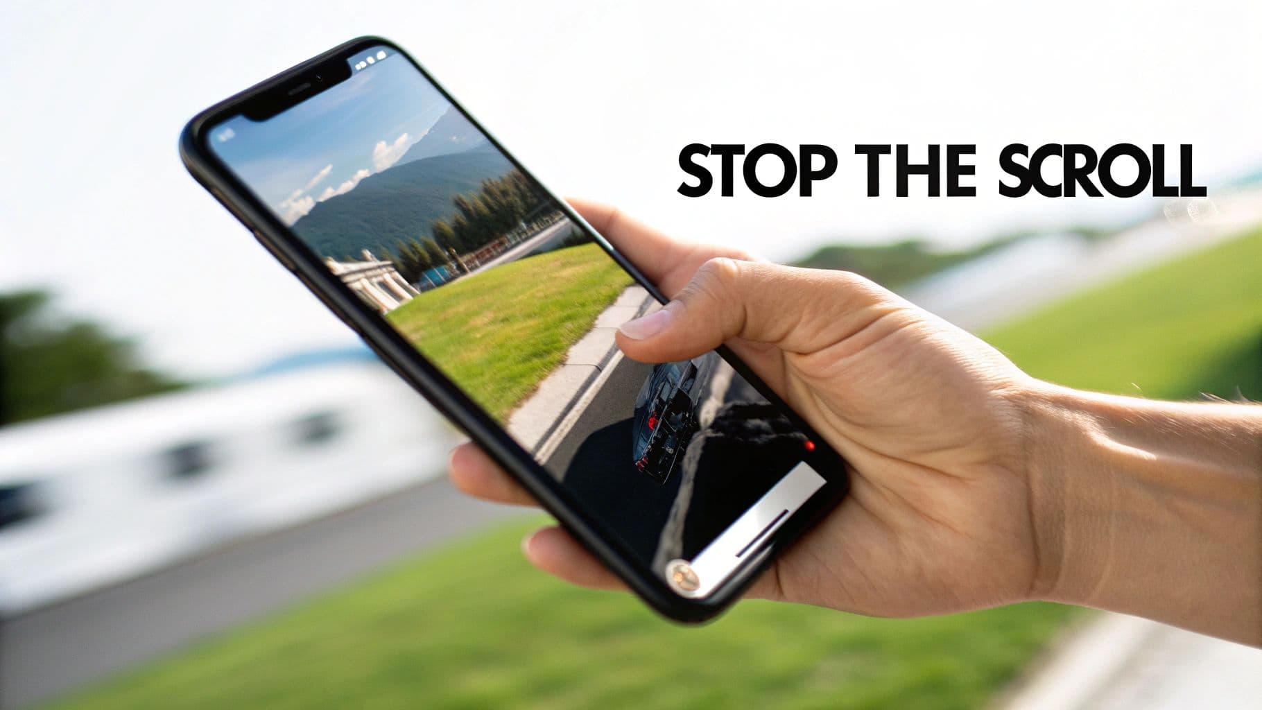 A hand holds a smartphone displaying a car on a track, with 'STOP THE SCROLL' text.