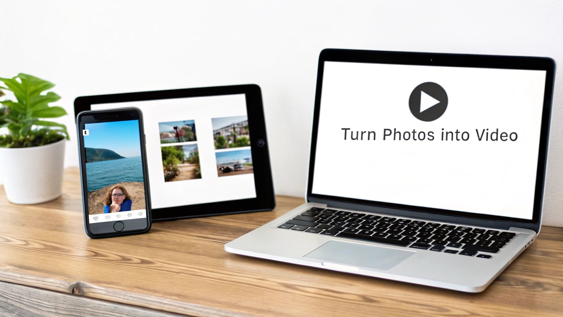A smartphone, tablet, and laptop display digital photos and a video creation interface.
