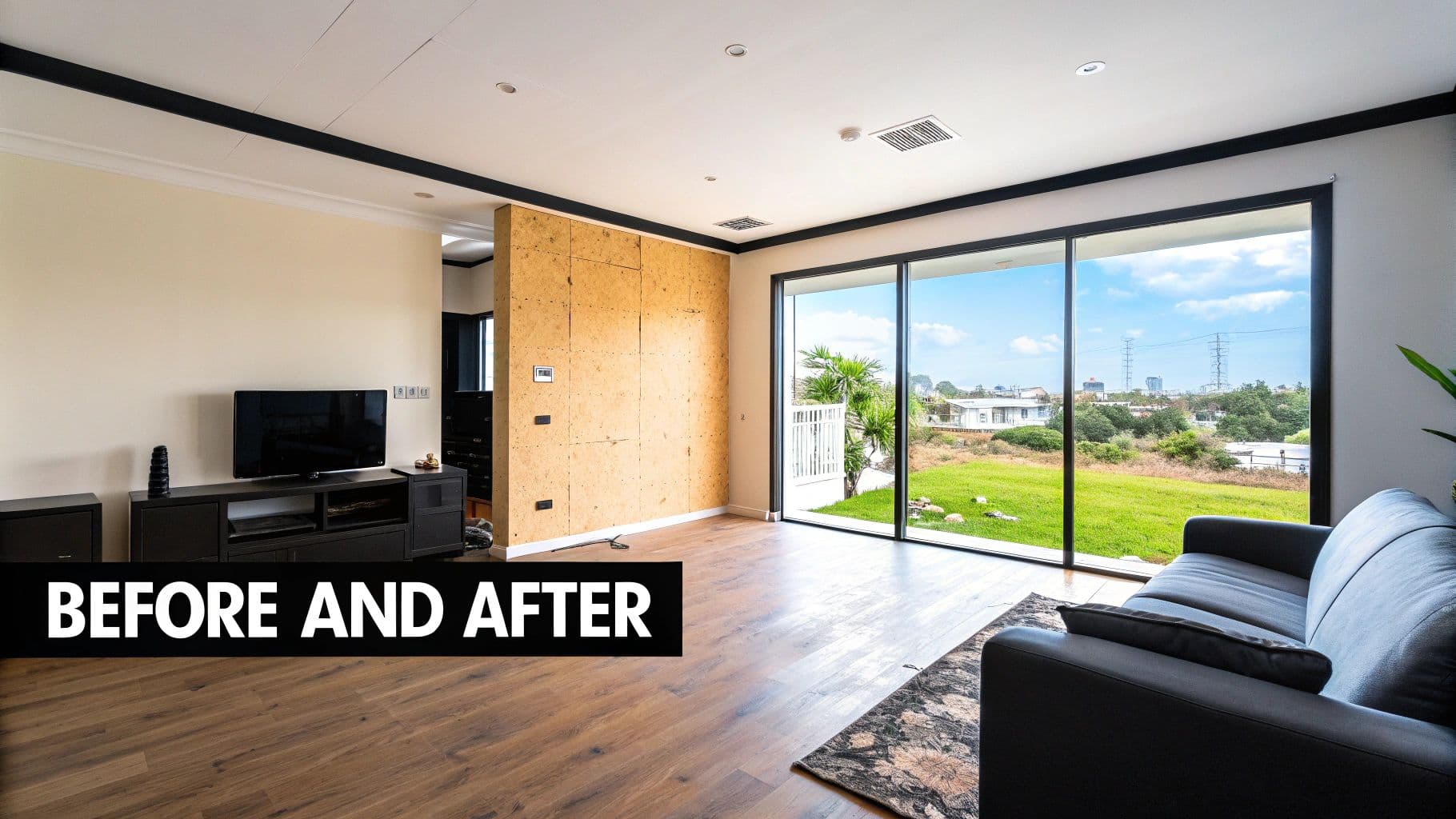 A living room with wooden floors, a dark sofa, and a large window showing a green outdoor area.