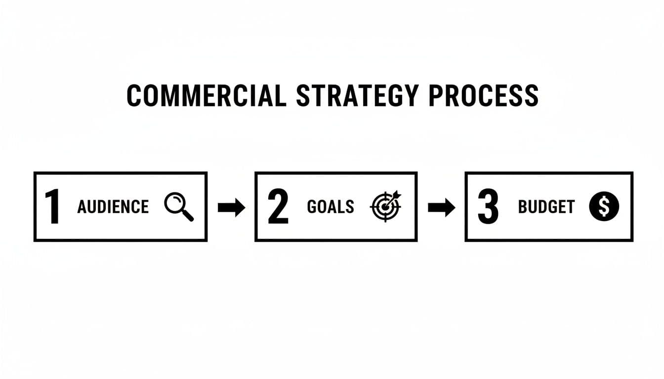 Infographic showing a commercial strategy process with steps: audience research, goal setting, and budget planning.