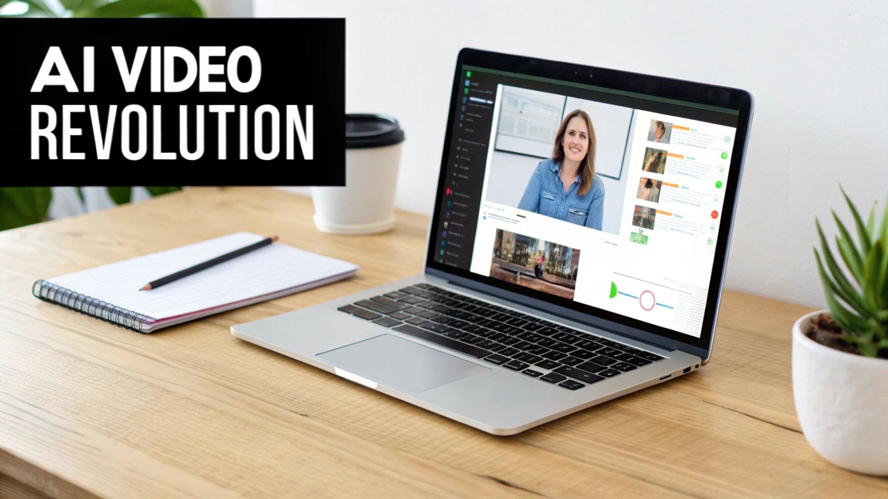 A laptop on a wooden desk displays video content with 'AI Video Revolution' text, alongside a notebook and coffee.
