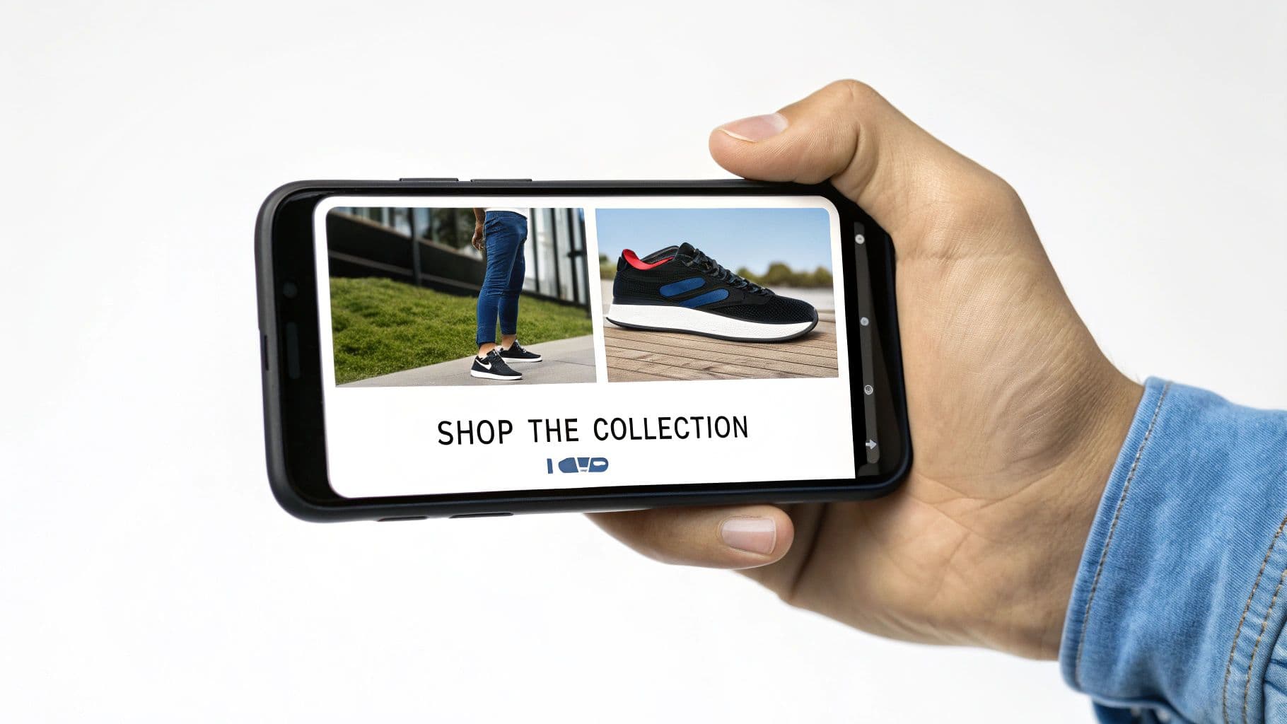 Smartphone held horizontally displaying a shoe advertisement with two sneaker images and 'Shop the Collection' text.