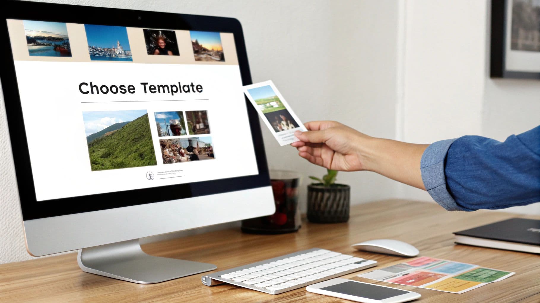 A hand holds a small photo print next to a computer displaying 'Choose Template' options.