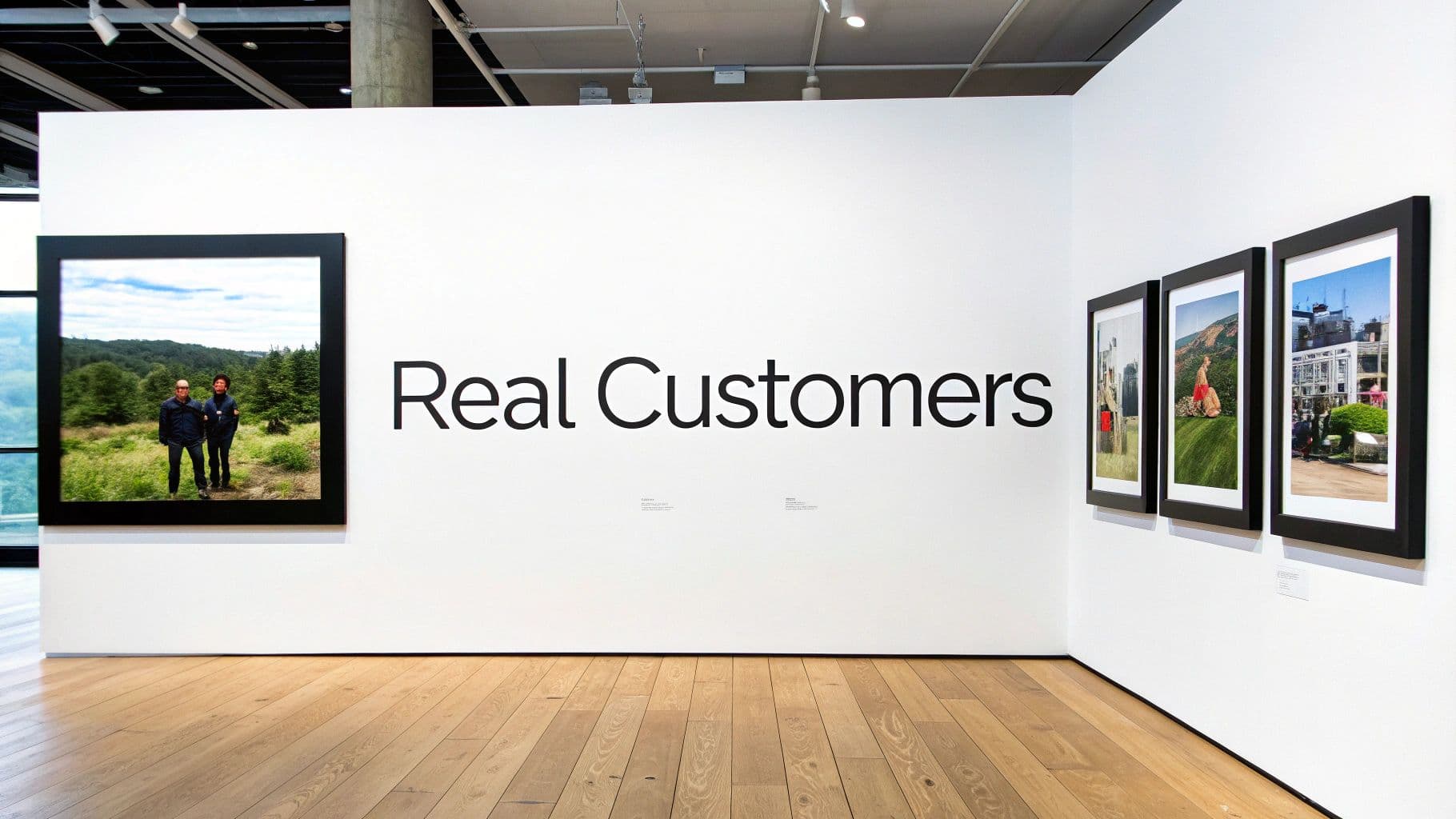 A gallery wall features the text 'Real Customers' alongside framed photographs of individuals in various settings.