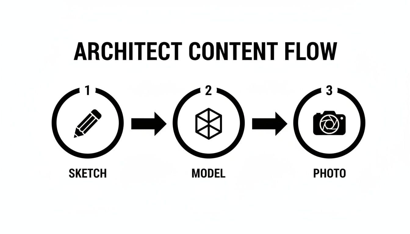 Flowchart illustrating the architect content creation process: Sketch, Model, and Photo, with corresponding icons.