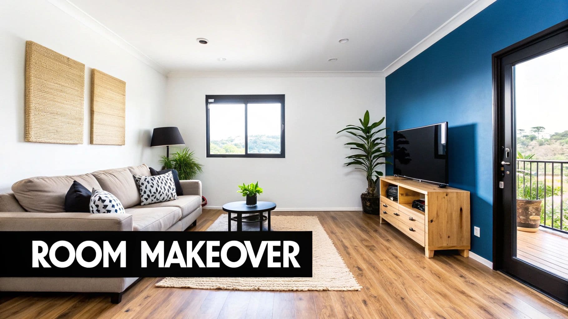 A modern living room with a blue accent wall, a beige couch, and a TV on a wooden console.