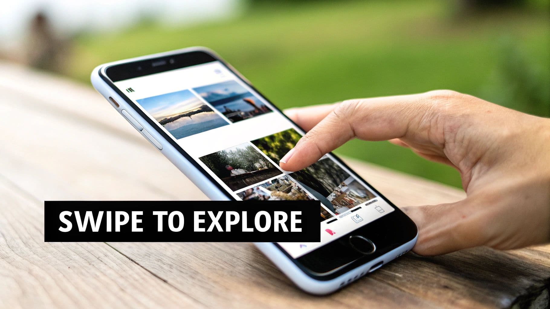 A hand interacts with a smartphone displaying a gallery of images, with a 'SWIPE TO EXPLORE' text.