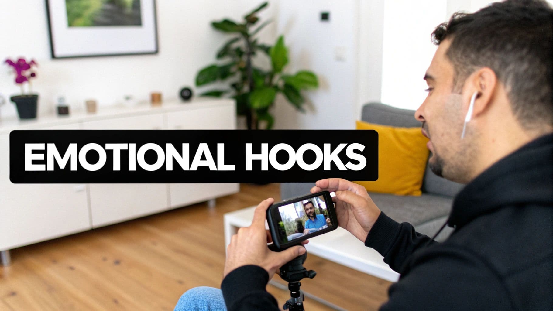 A man records a video on his phone, displaying 'EMOTIONAL HOOKS' banner, in a bright living room.