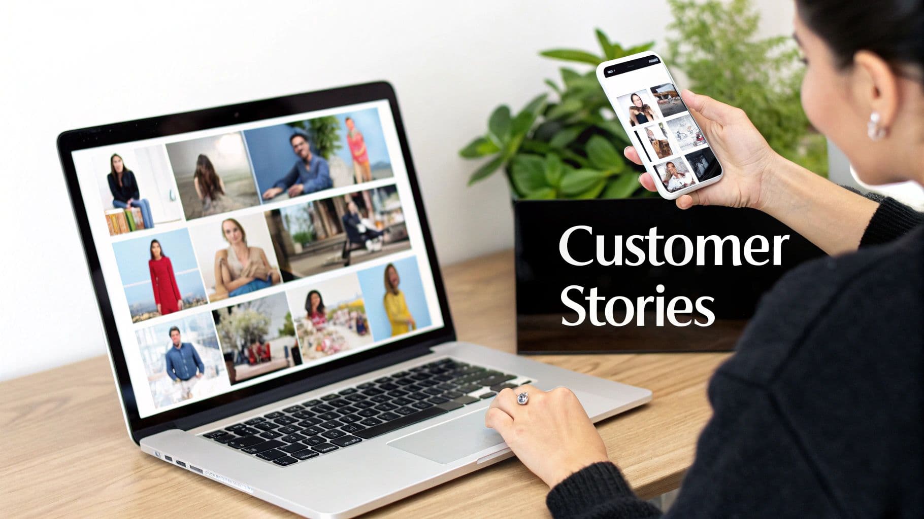 A woman views customer stories on a laptop and phone, showcasing digital content and user engagement.