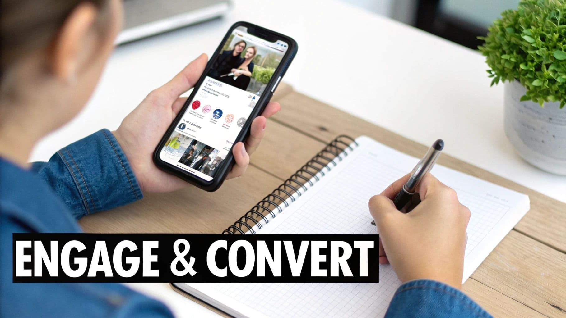 A person holds a smartphone displaying an app while writing in a notebook, with 'ENGAGE & CONVERT' overlay.