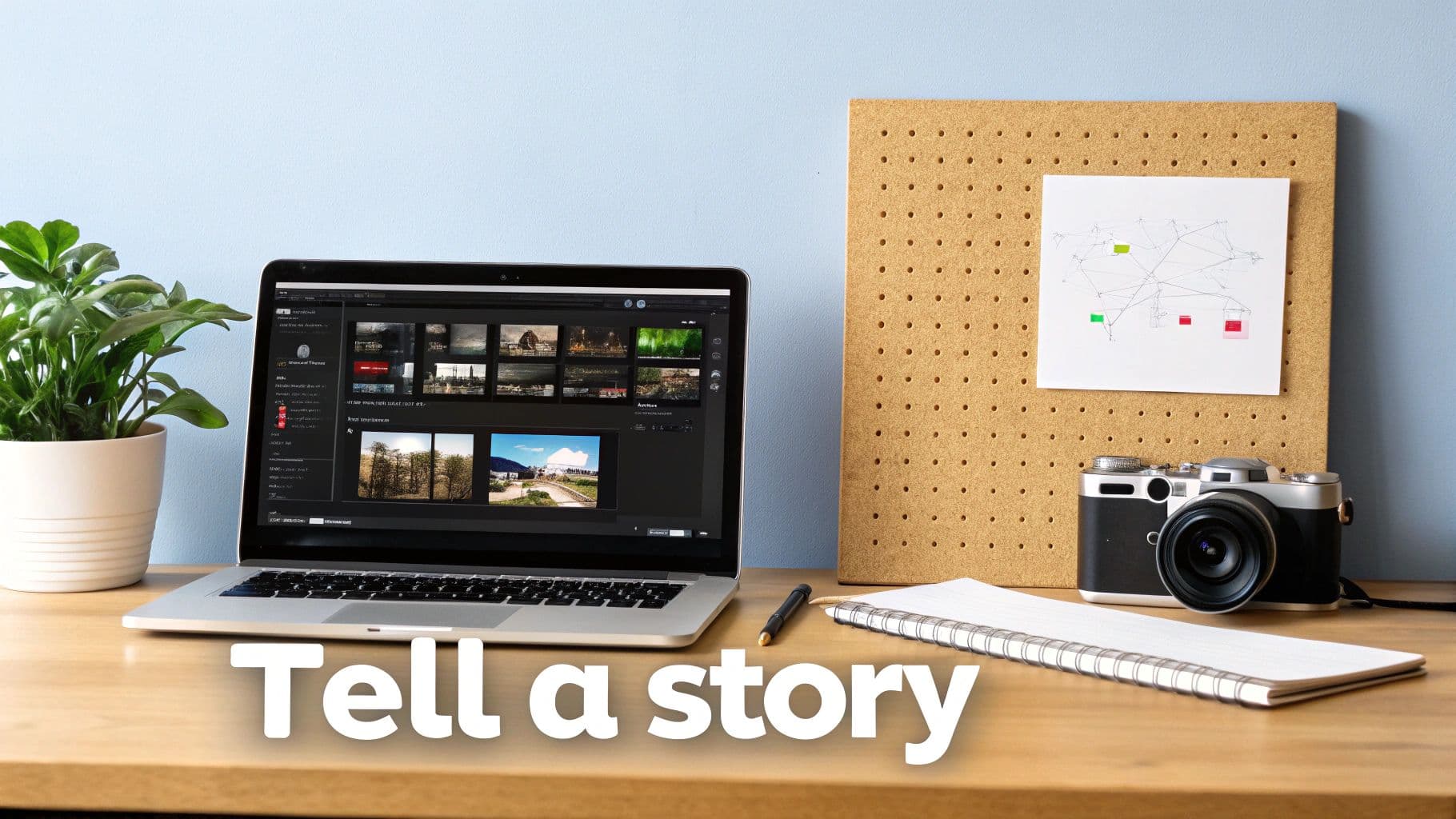 A storyteller's workspace with a laptop showing images, a camera, notebook, and plant on a wooden desk.