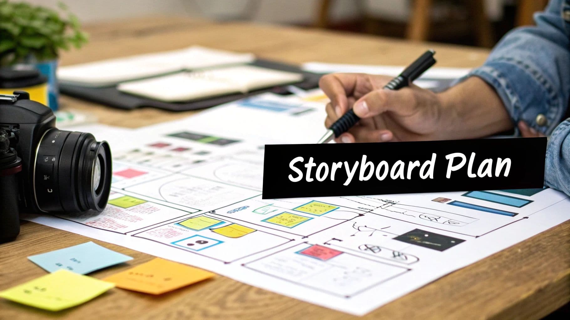 A person's hand writes on a detailed storyboard plan with a camera and sticky notes on a wooden table.