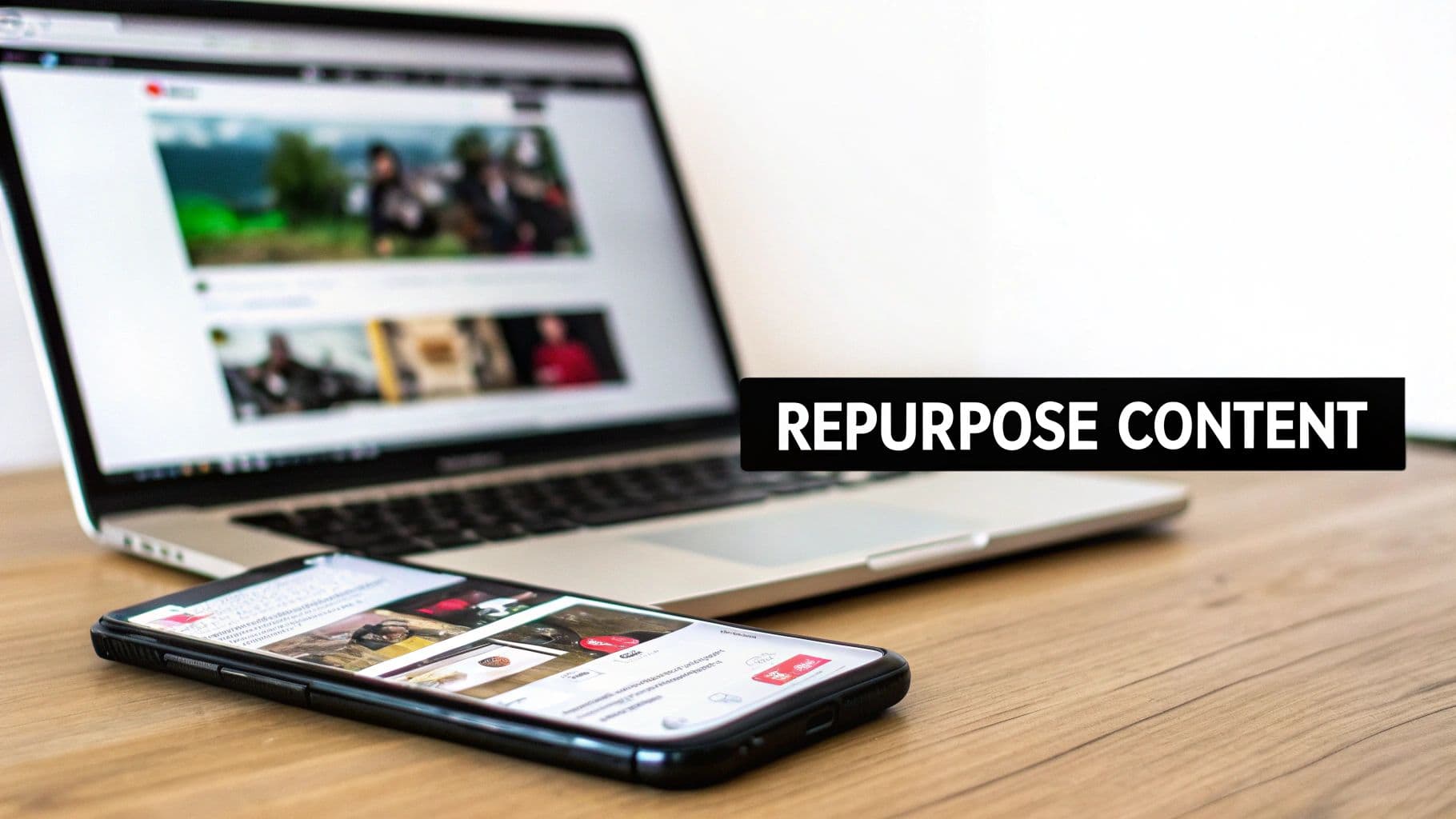 A laptop and a smartphone displaying content on a wooden desk, with text 'REPURPOSE CONTENT'.