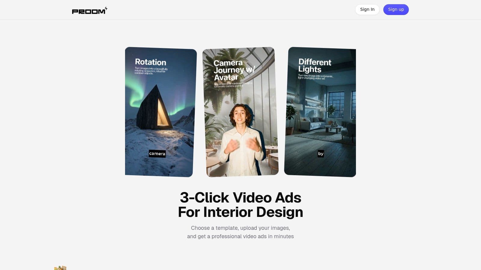 Proom AI Interface showing real estate video templates