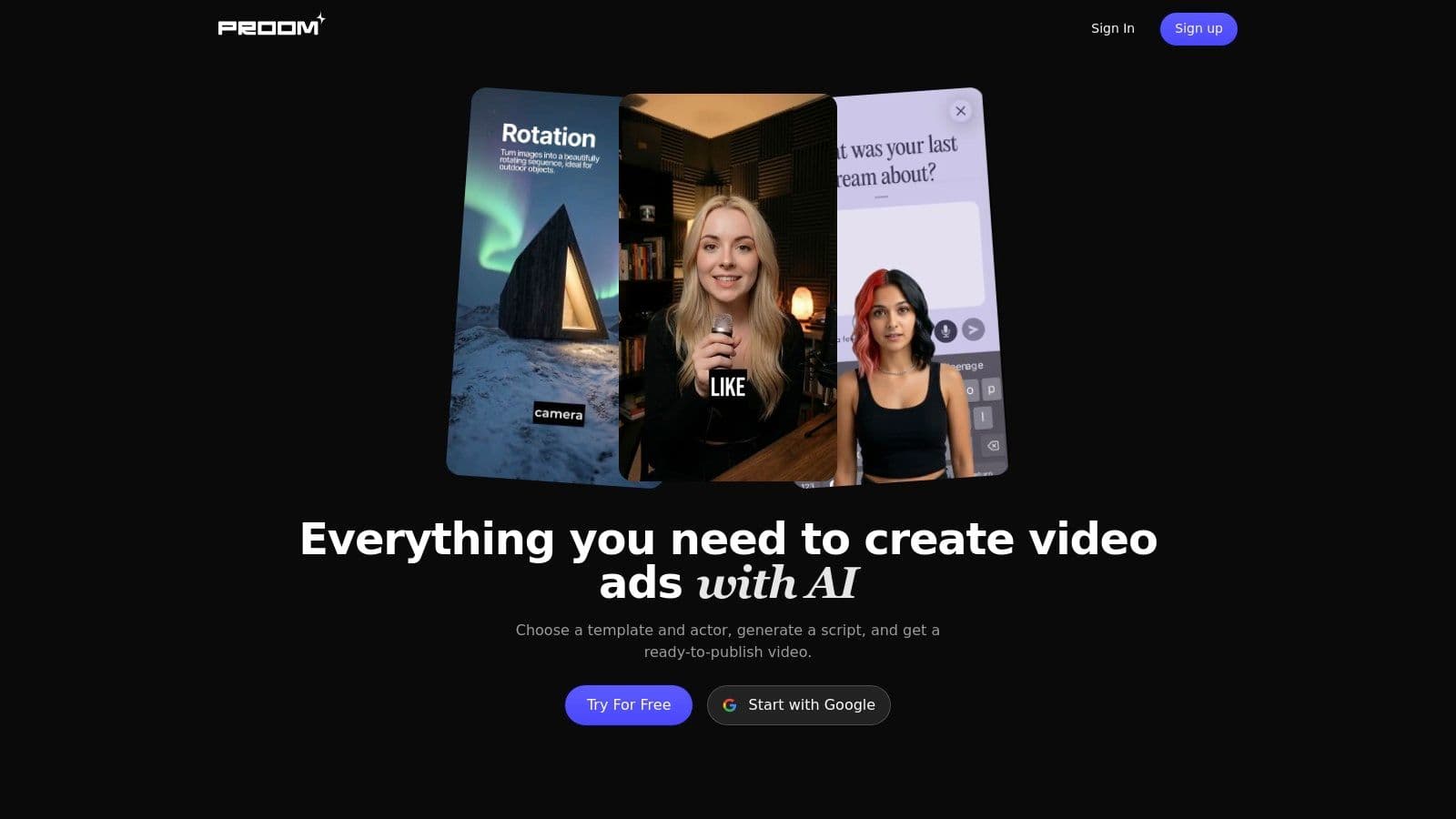A screenshot of the Proom AI user interface showing video templates and creation options, highlighting its role as a social media content creation tool.