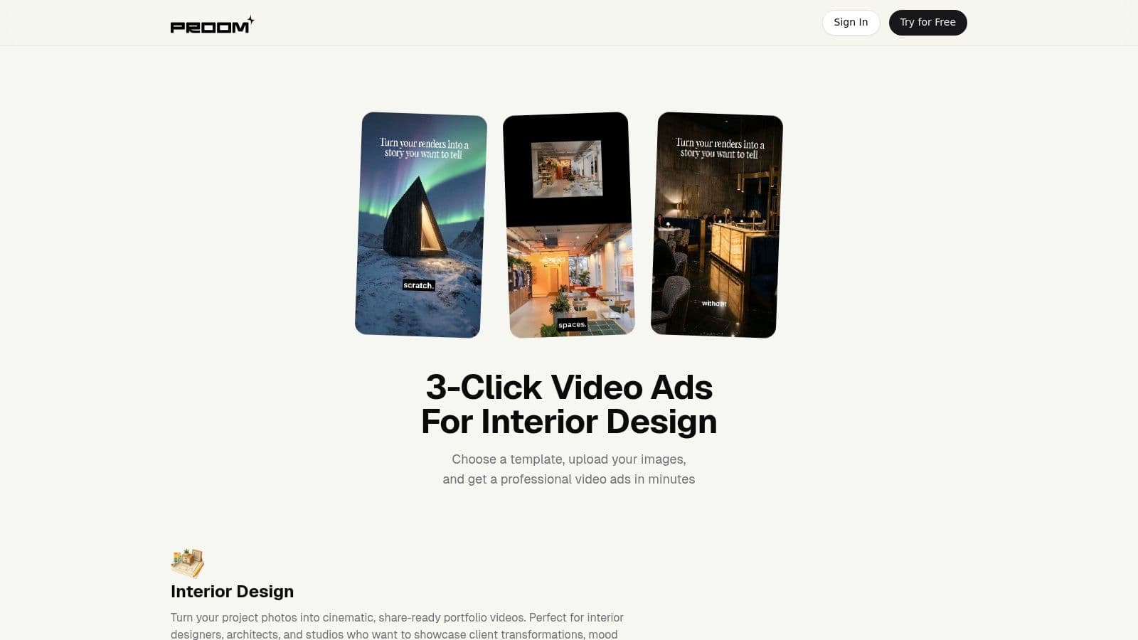 Proom AI interface showing video ad creation from images